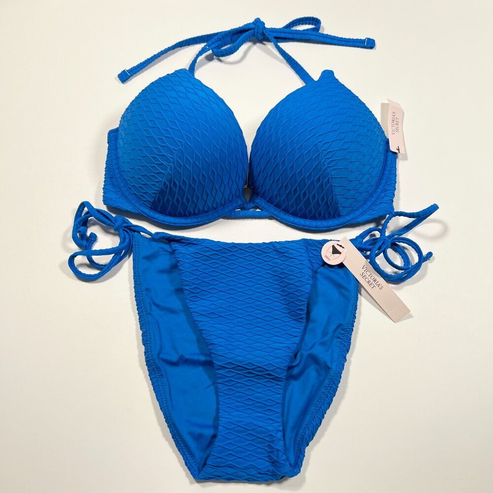 Victoria Secret 38DD L Bombshell Push Up Bikini Top Bottom Set Textured Blue